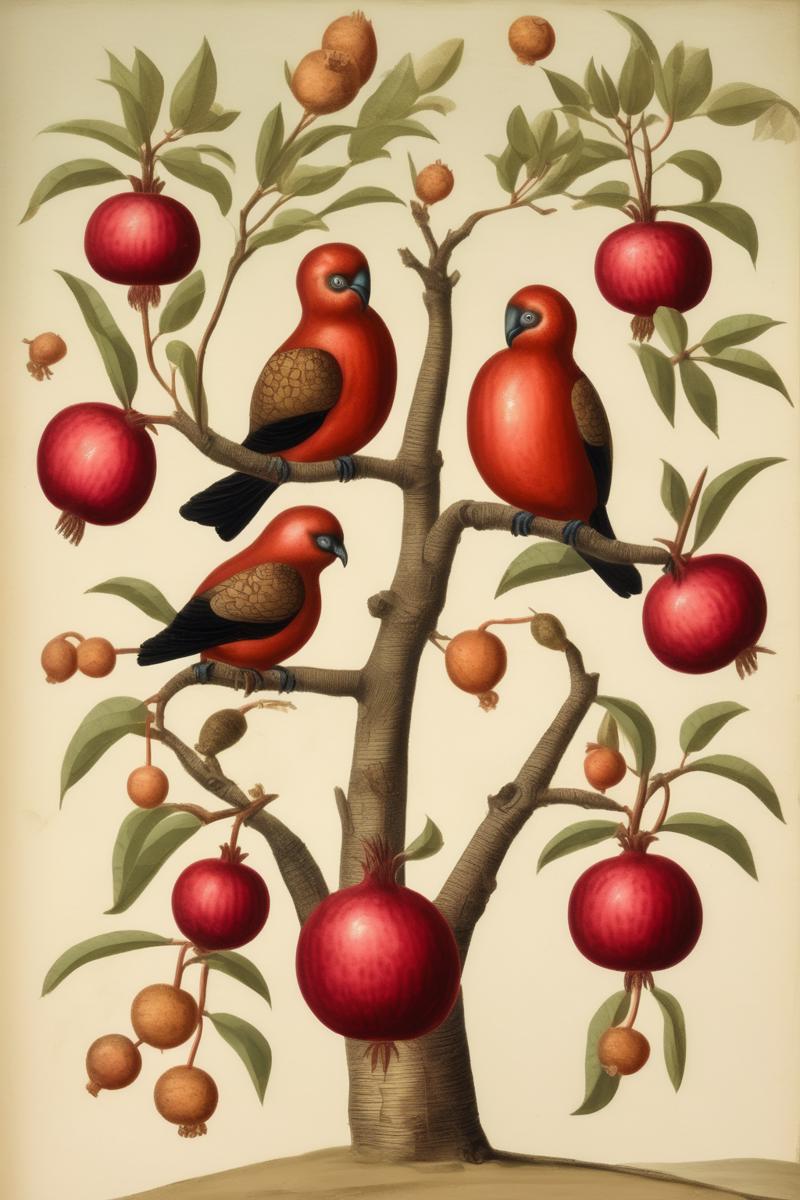 00138-3409228860-_lora_Mark Catesby Style_1_Mark Catesby Style - A couple of lovebirds are sitting on the branches of a pomegranate tree. Mark Ca.png